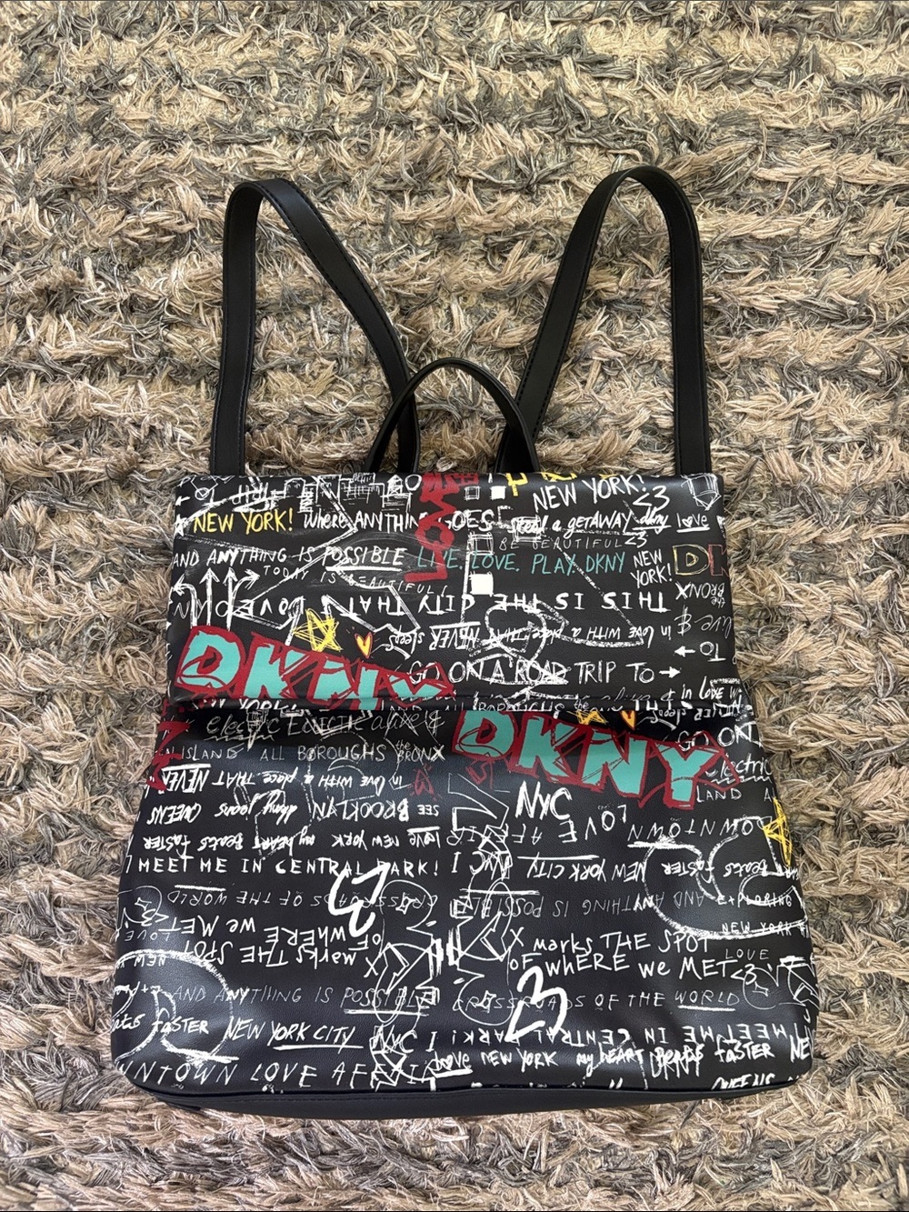 New! DKNY Black Graffiti Backpack with Red and Teal Logo Accents